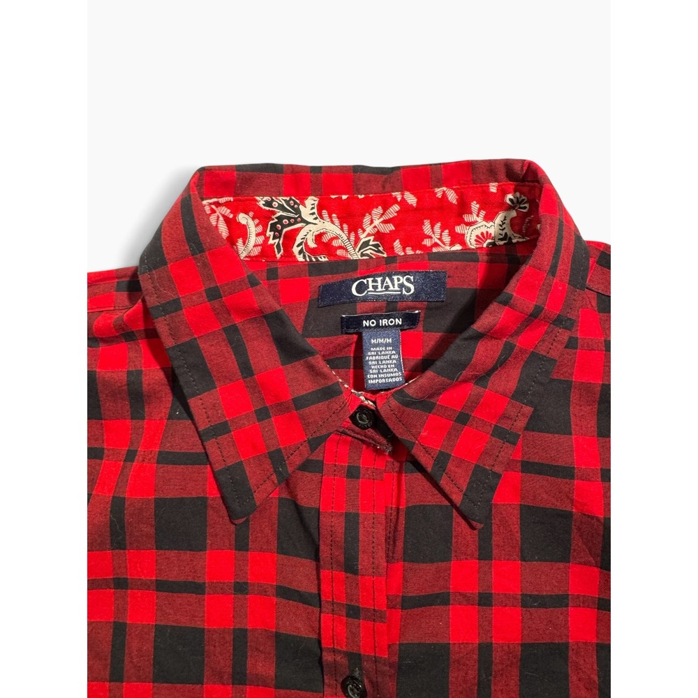Chaps Womens Red Black Plaid No Iron Button Down Shirt Long Sleeve Size Medium - Picture 2 of 5